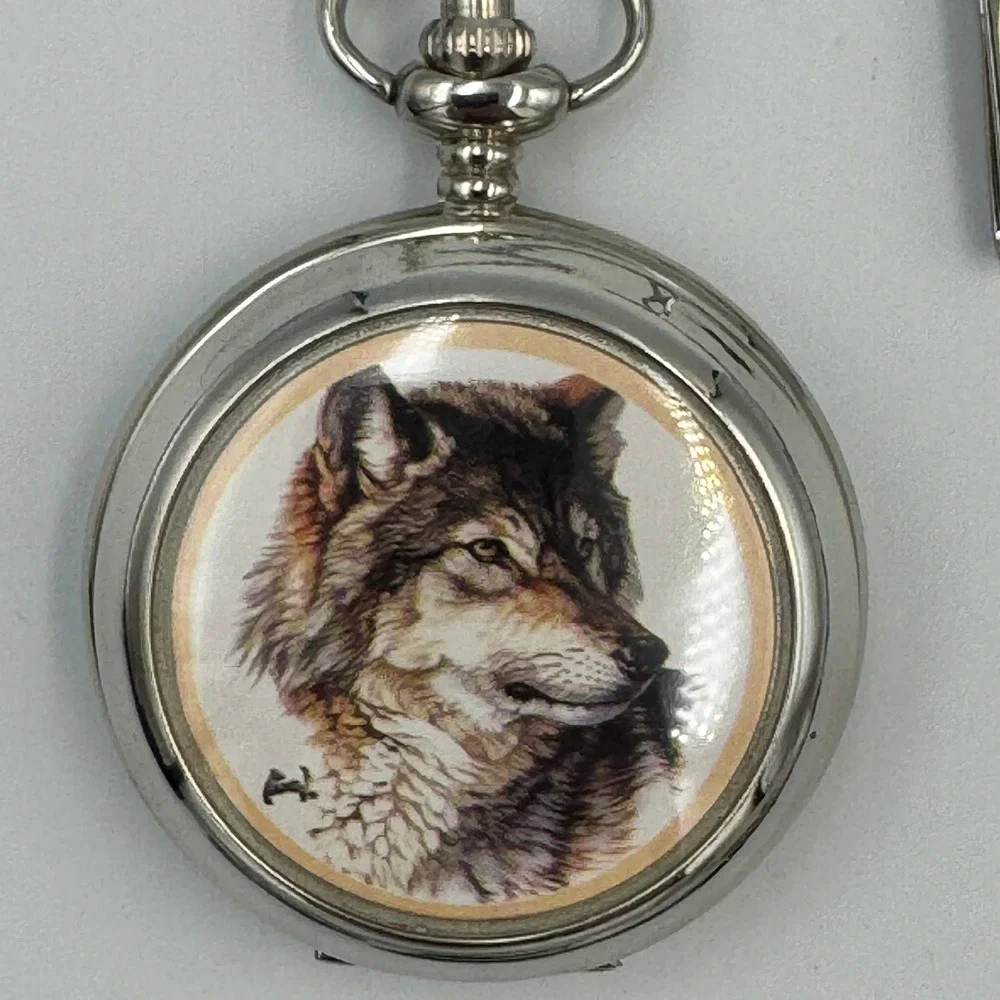 Westminster Wolf Pocket Watch Silver‎ Tone Hunter Case Wildlife Graphic & Chain